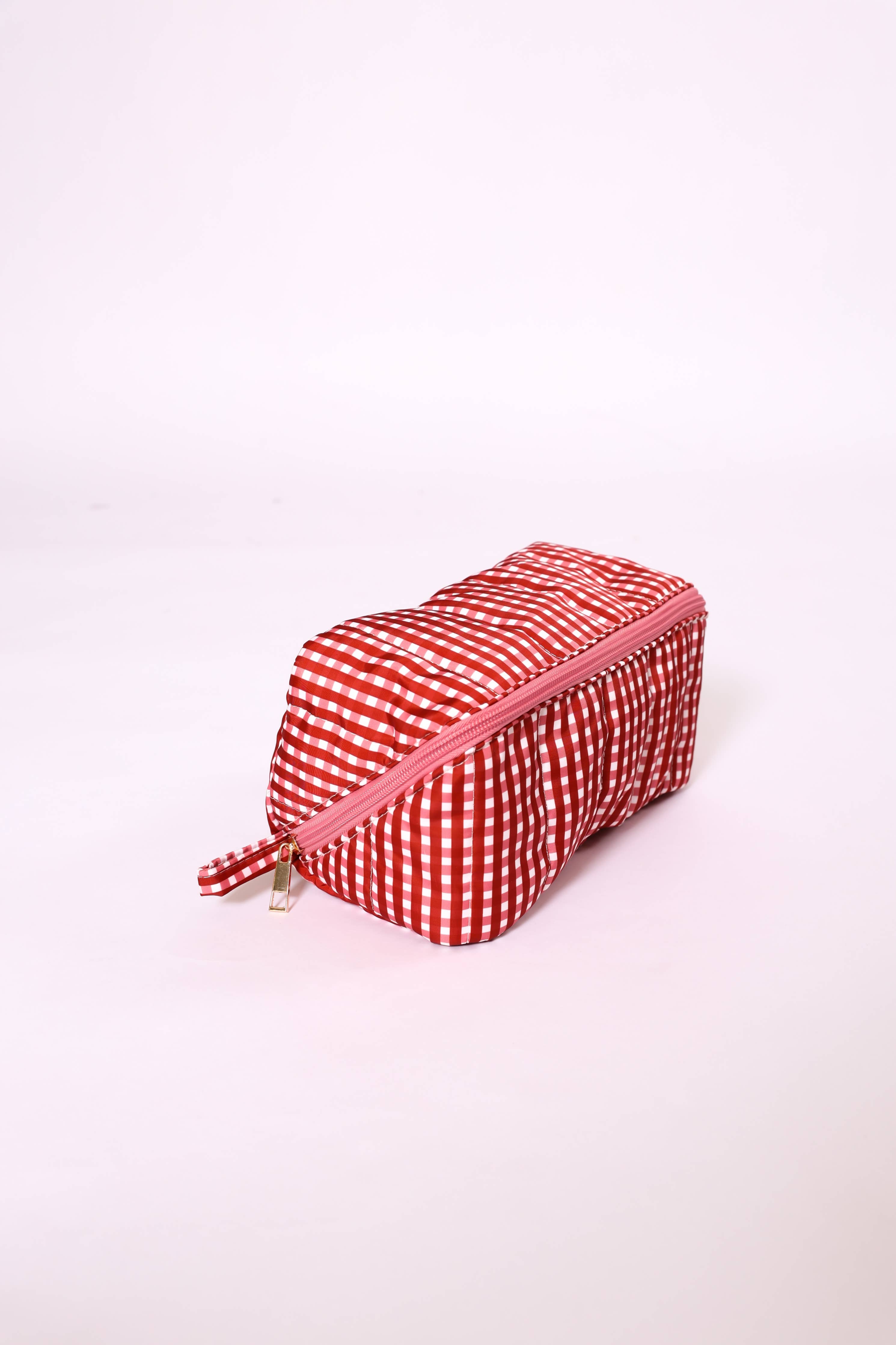 Gingham Maroon Makeup Bag