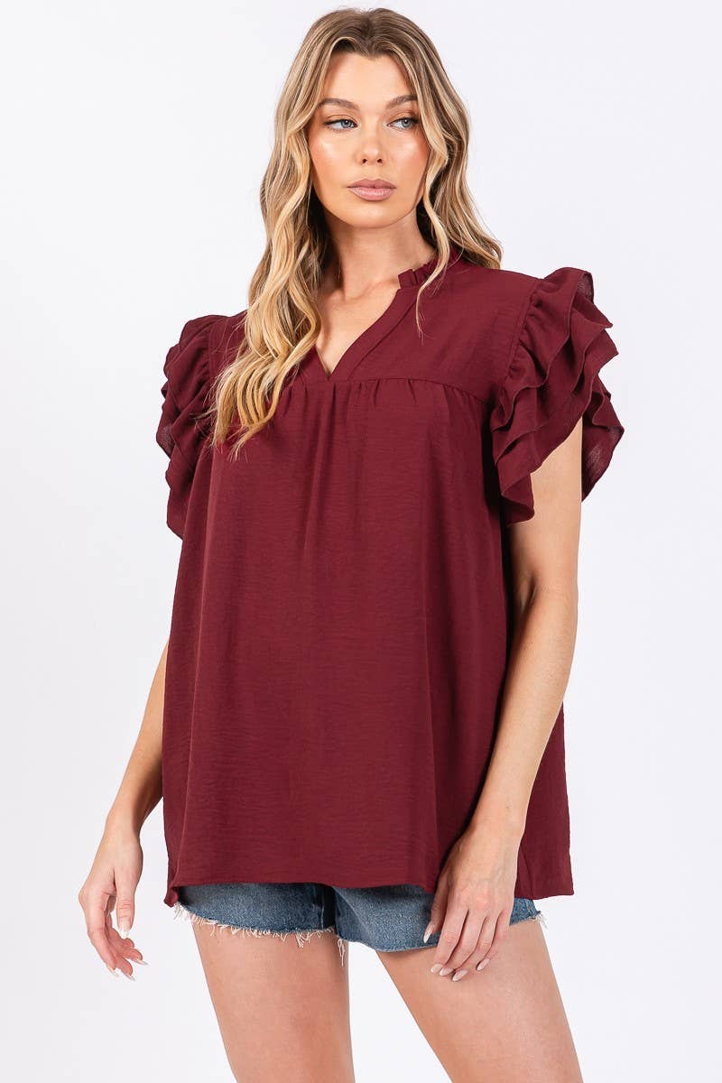 Maroon Airflow Ruffle Sleeve Top