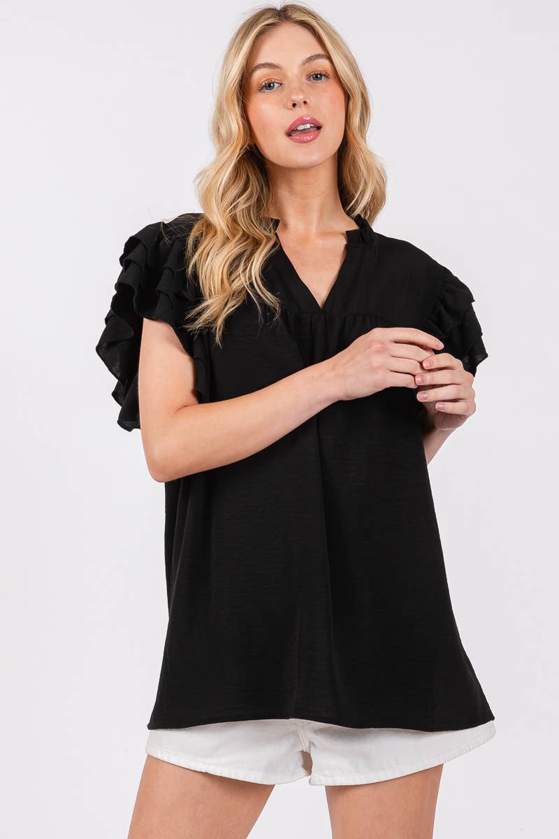 AIRFLOW RUFFLE SLEEVE BLOUSE: BLACK / L